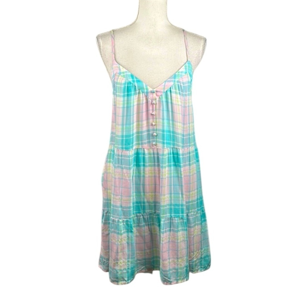 Abound Pastel Plaid Summer V-Neck Spaghetti Strap Babydoll Dress Size Medium New